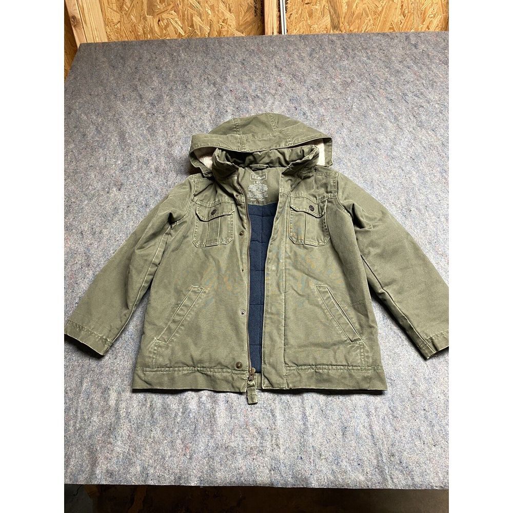 L.L. Bean Boys Youth Insulated Hooded Canvas Khaki Jacket L6X/7 Green Waterproof